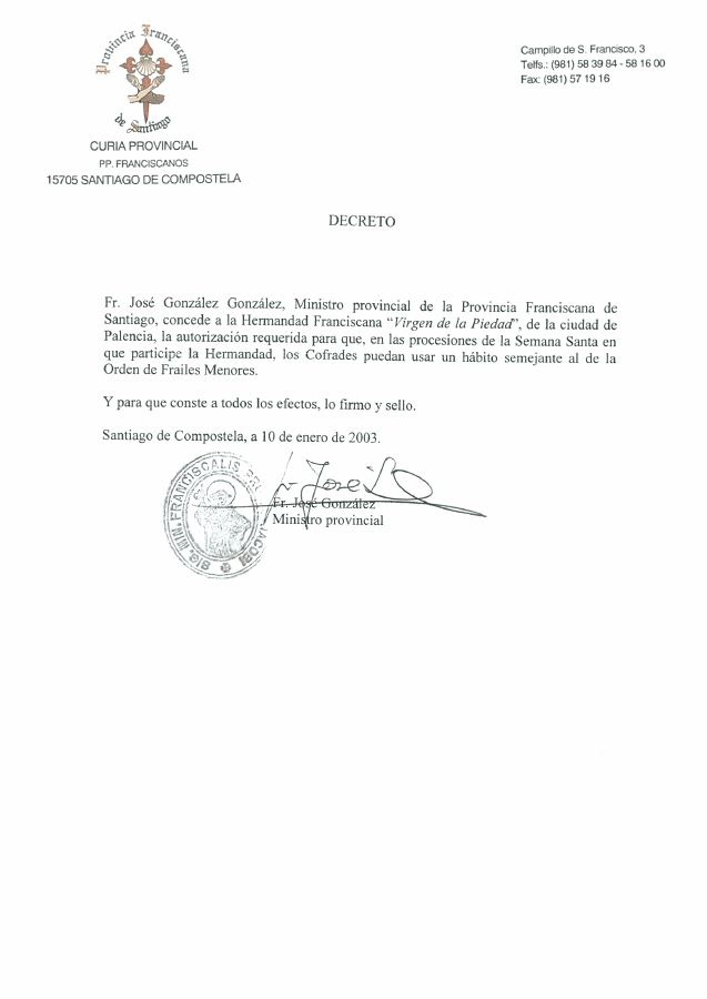 Portada de Decreto Habito Franciscano
