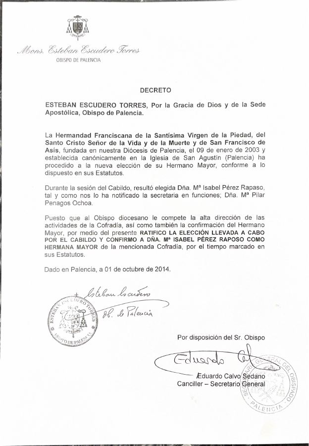 Portada de Decreto Confirmacion Hermana Mayor