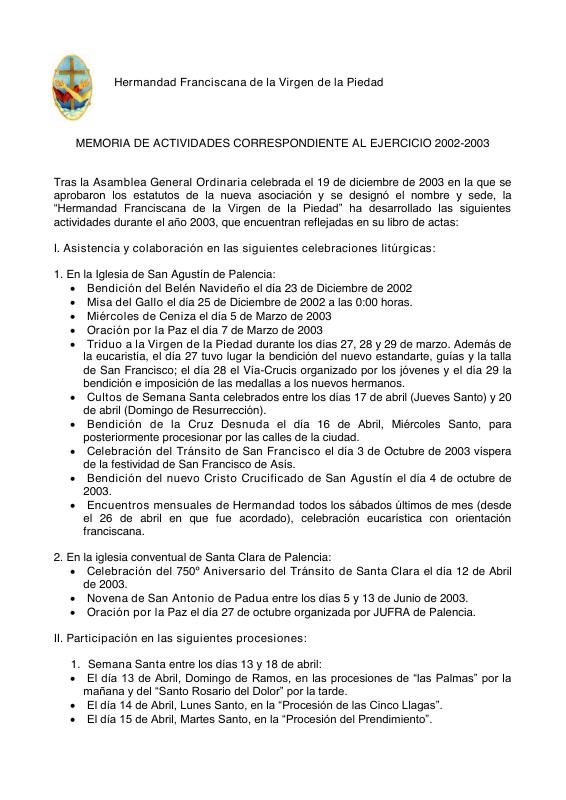 Portada de Memoria De Actividades 2003